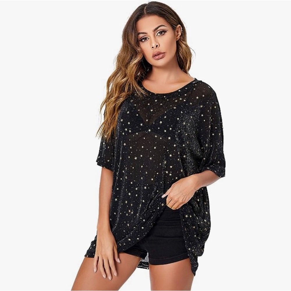 WDIRARA Glitter Sheer Short Sleeve Mesh Top, Black and Gold, Size XL